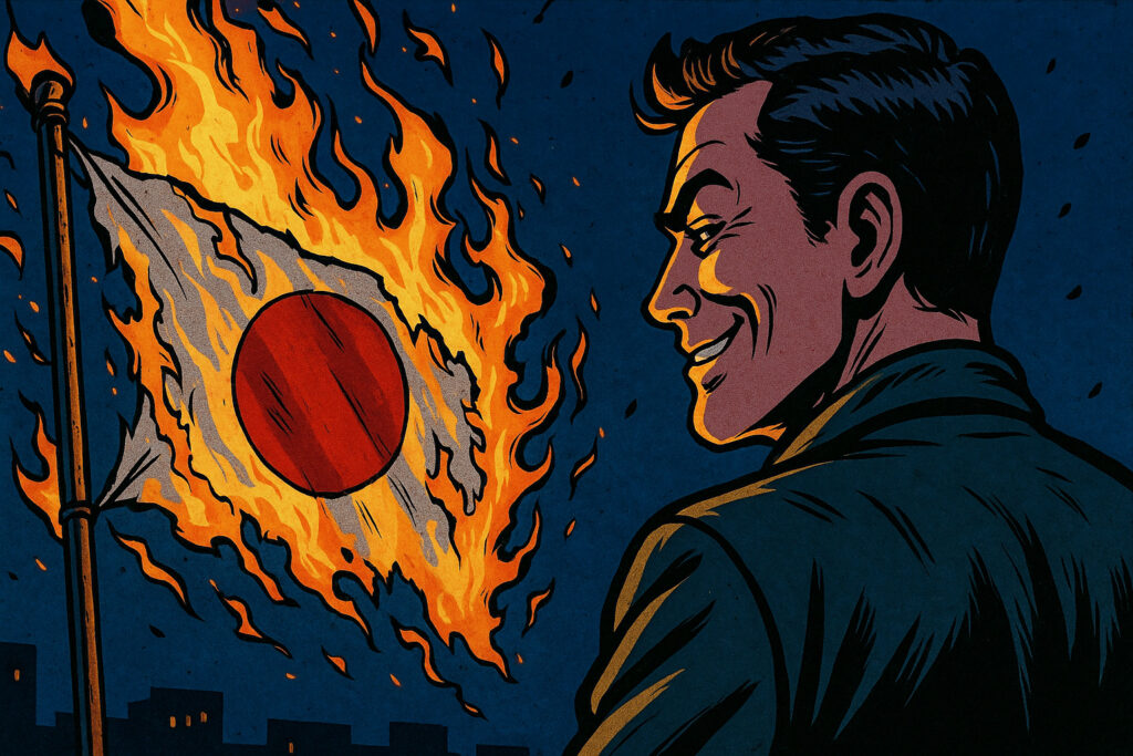 日本の国旗を燃やす男