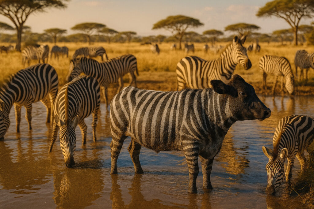 シマウマの群れとシマウシ